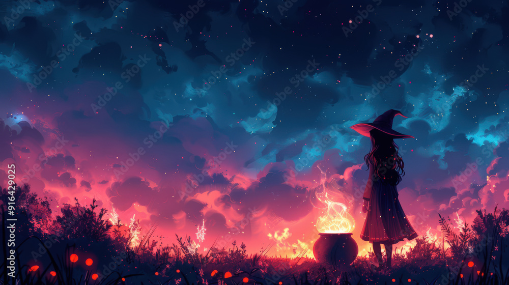 Fototapeta premium A backdrop for a Halloween banner with a copy space. A young woman in a witch costume stands in front of a bubbling fire cauldron. A Halloween concept