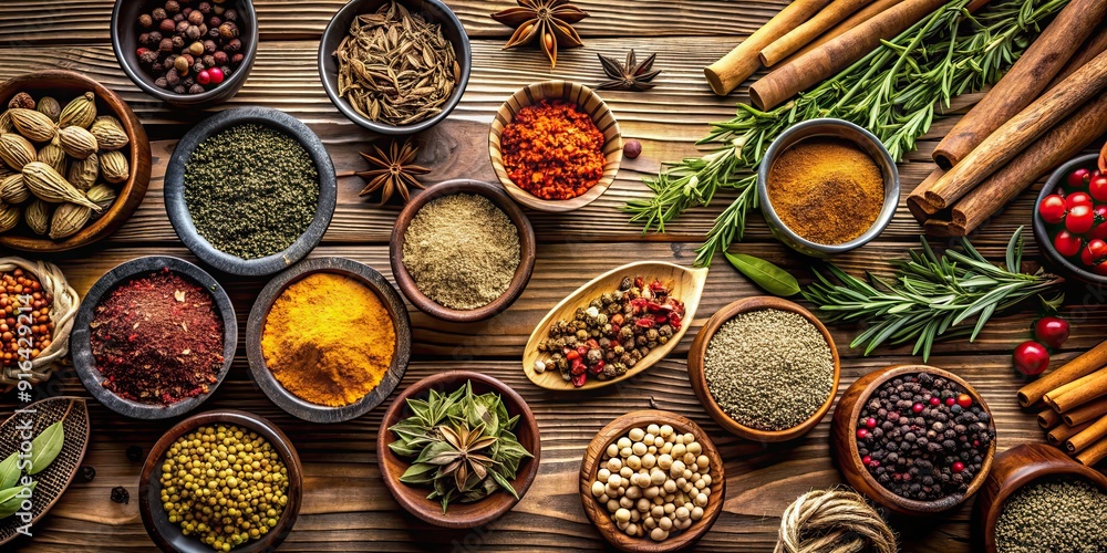 Close-up shot of various dried herbs and spices on a rustic background , dried herbs, spices, seasoning, culinary, cooking Close-up shot of various dried herbs and spices on a rustic background , dried herbs, spices, seasoning, culinary, cooking