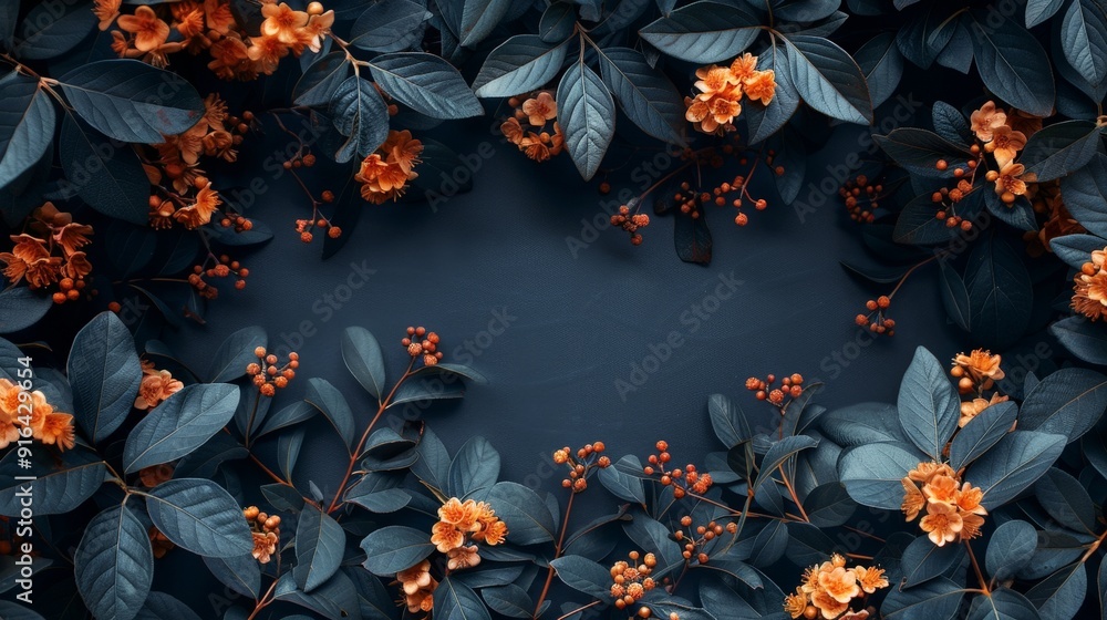 A sleek wallpaper with a black background and an elegant arrangement of leaves and flowers, offering plenty of copy space A sleek wallpaper with a black background and an elegant arrangement of leaves and flowers, offering plenty of copy space