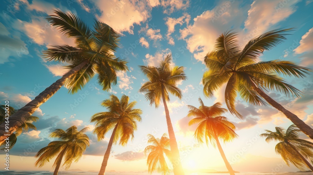 Fototapeta premium Stunning Sunset View Through Palm Trees, Vibrant Colors, Golden Light, Tropical Paradise, Palm Grove, Nature Photography, Sky, Clouds, Beach, Vacation, Travel, Summer, Holiday, Relaxation, Serenity