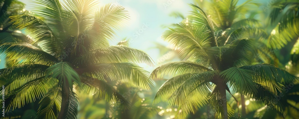 Fototapeta premium Tropical Paradise Palm Trees Sunlight Nature Background Vibrant Green Leaves Summer Vacation Holiday Travel Destination Relaxing Scene Professional With Illuminated Palms Energetic