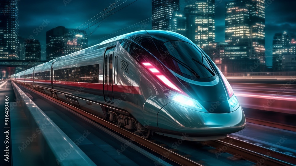 A silver train is traveling down a track in a city at night A silver train is traveling down a track in a city at night