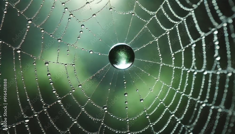Naklejka premium Dewdrops on a Spider Web with Green Background