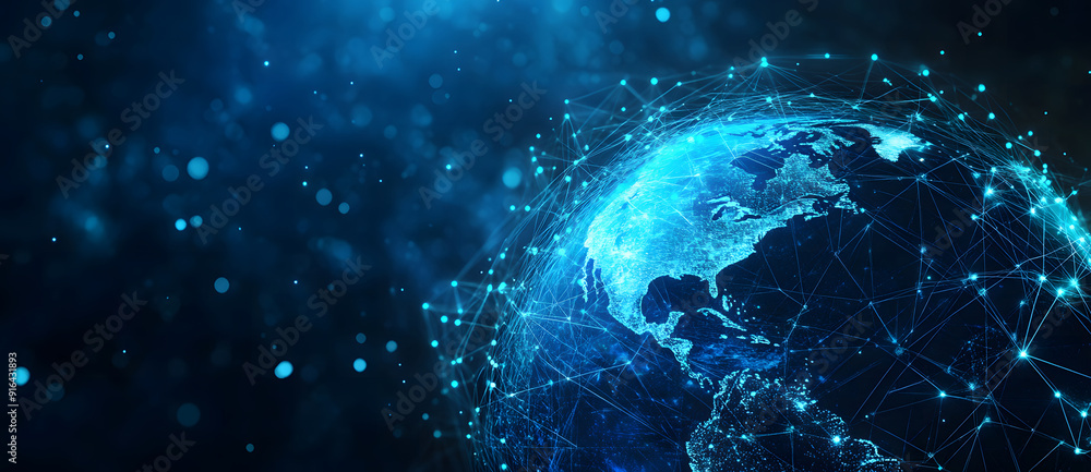 Obraz premium blue hologram globe with a world map with glowing data streams AI global communication networks, virtual reality simulations, geospatial data visualization, and interactive educational design 