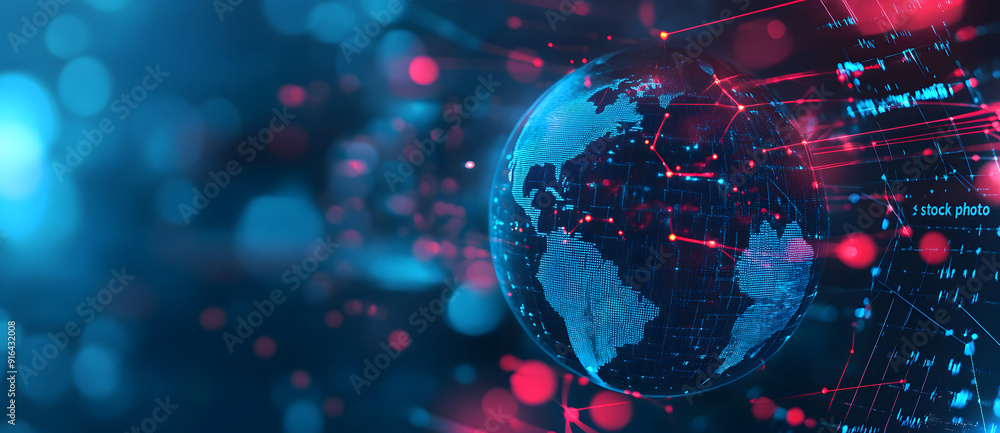 Fototapeta premium blue hologram globe with a world map with glowing data streams AI global communication networks, virtual reality simulations, geospatial data visualization, and interactive educational design 