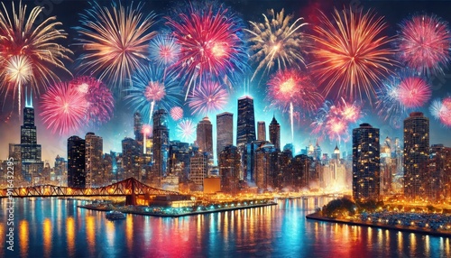 Vibrant Fireworks Display Over Chicago Skyline at Night
