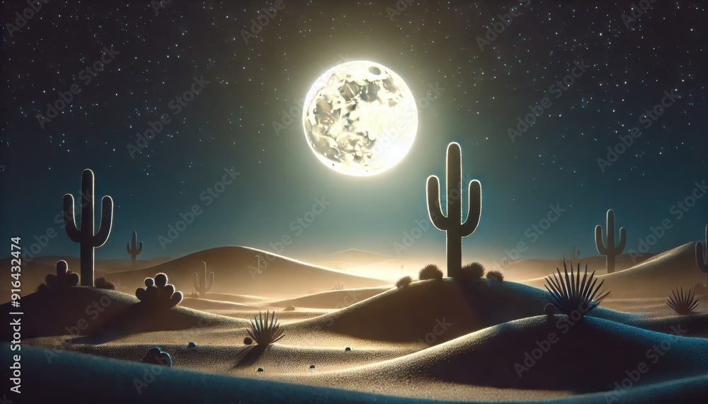 Naklejka premium Desert Night with Full Moon, Stars and Cactus Silhouettes.