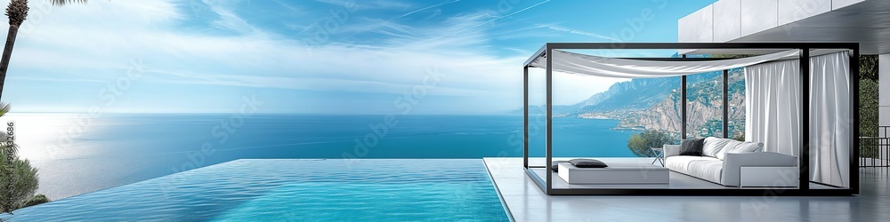 Fototapeta premium Luxury villa with an infinity pool overlooking the ocean, modern architecture and breathtaking sea view under a clear blue sky.