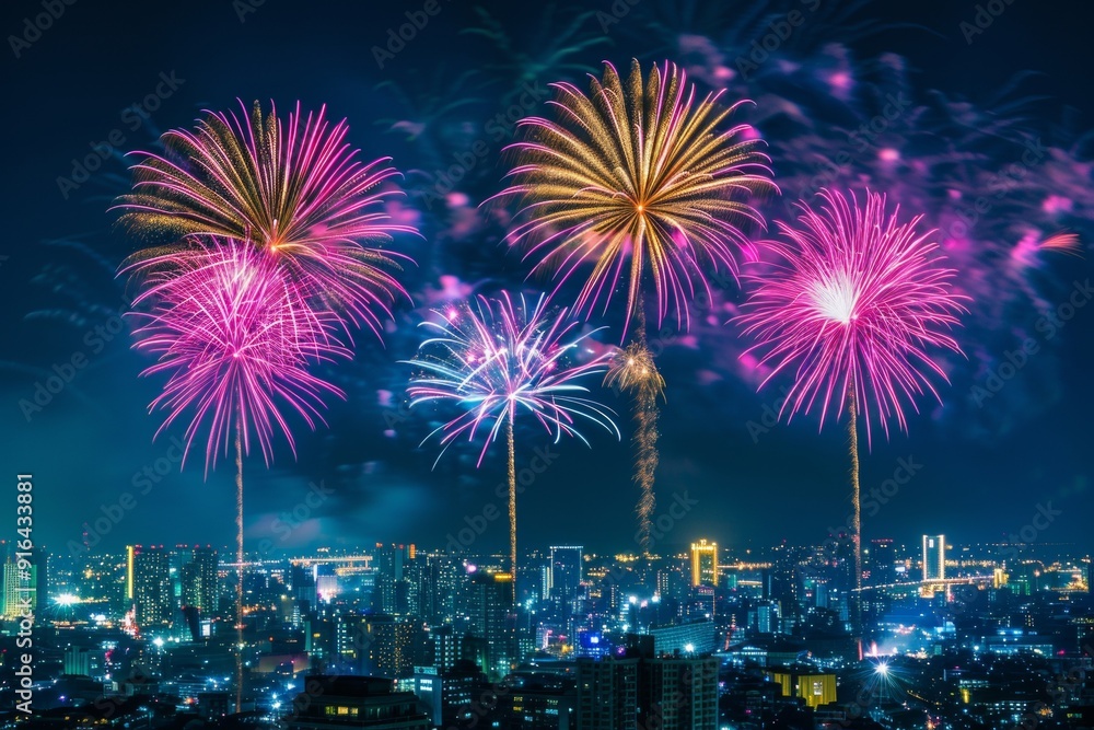 Close-up of fireworks bursting from rooftop, showcasing urban celebrations and cityscapes Close-up of fireworks bursting from rooftop, showcasing urban celebrations and cityscapes