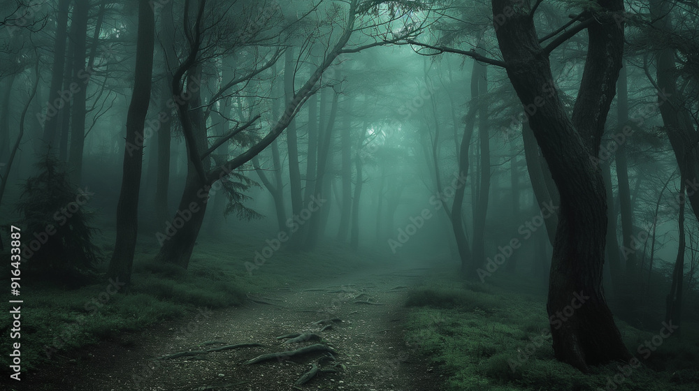 Fototapeta premium Creepy Forest Scenes: Dense woods shrouded in mist with ominous pathways and ample copy space