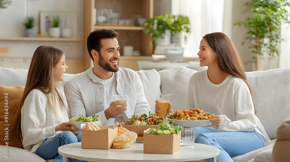 Happy Family Enjoying Meal Together on Sofa Photo Happy Family Enjoying Meal Together on Sofa Photo