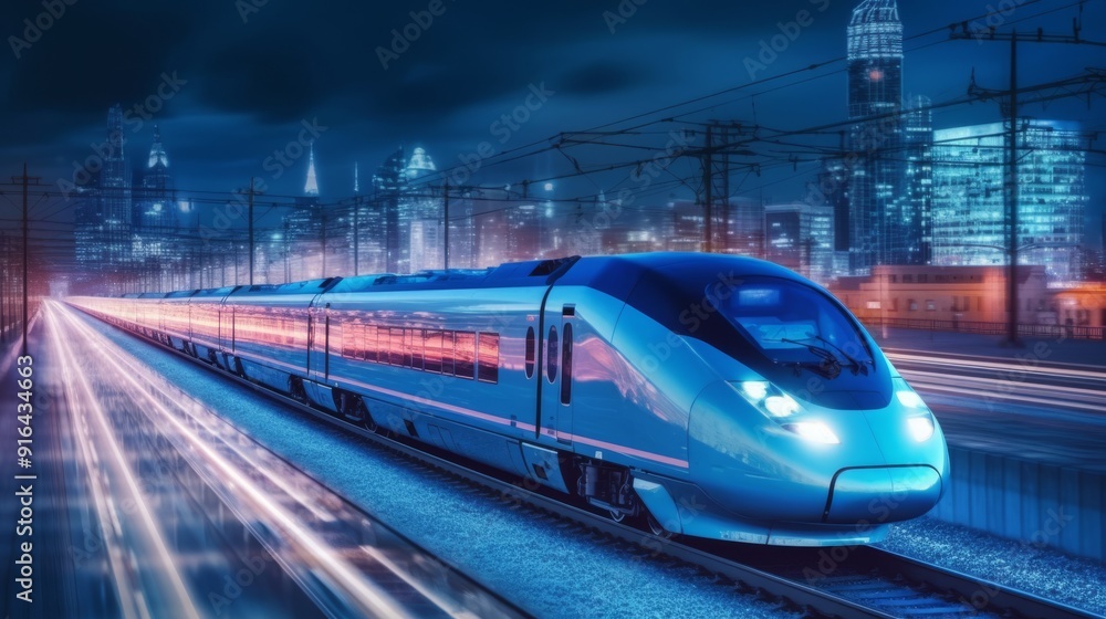 Naklejka premium A train is traveling down a track in a city at night