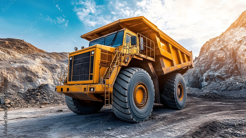 Massive yellow mining truck in operation at a rocky quarry under clear skies. Massive yellow mining truck in operation at a rocky quarry under clear skies.