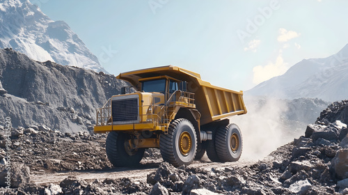 A large yellow mining truck is actively working in a rocky quarry beneath a clear blue sky.