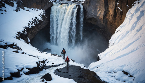 Obraz na płótnie Waterfall Forgotten in Snowy Winter: The Trailblazer's Excursion Immersed in Landslide w salonie