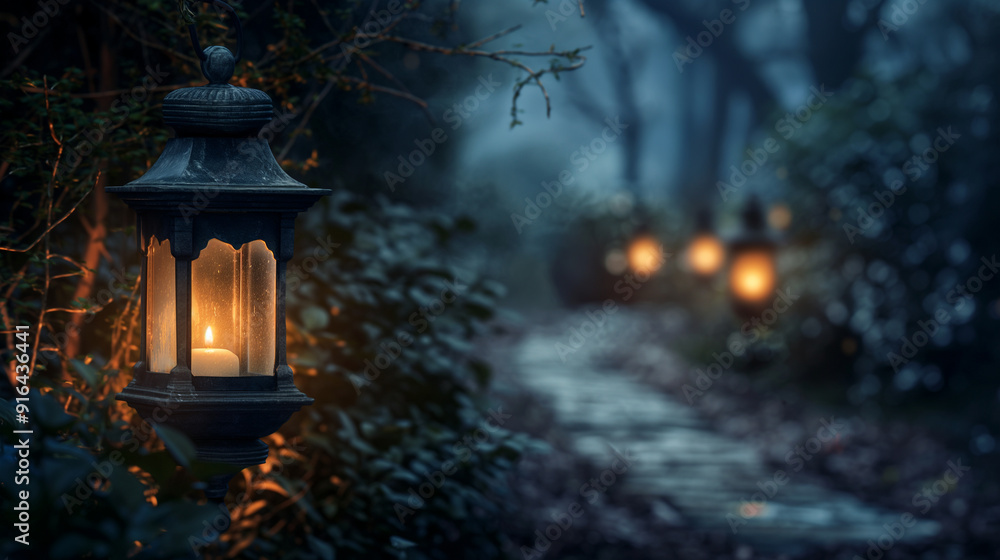 Old-fashioned lanterns casting ghostly glows in dark, spooky settings Old-fashioned lanterns casting ghostly glows in dark, spooky settings