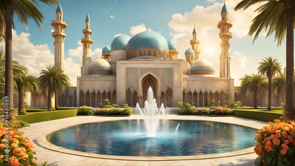 Naklejka premium Majestic Mosque with Blue Domes and Fountain in Lush Garden Setting