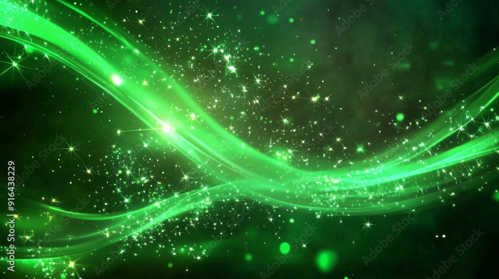 Obraz premium Abstract digital illustration of green glowing lights, energy waves, and sparks against a dark black background, featuring swirling light effects, stars, lines, and circles. This vibrant and dynamic d
