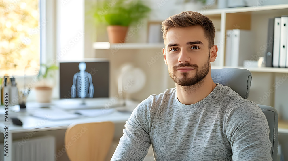 Portrait of a Man in a Grey Shirt, Looking at the Camera in a Modern Office Portrait of a Man in a Grey Shirt, Looking at the Camera in a Modern Office