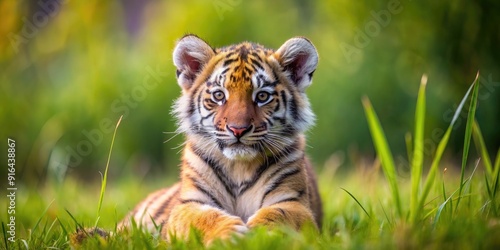 Adorable tiger cub sitting playfully in the grass, tiger, cute, young, animal, wild, adorable, playful, grass, nature, fur