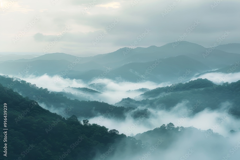 Serene mountain landscape with misty valleys, symbolizing tranquility and natural beauty Serene mountain landscape with misty valleys, symbolizing tranquility and natural beauty