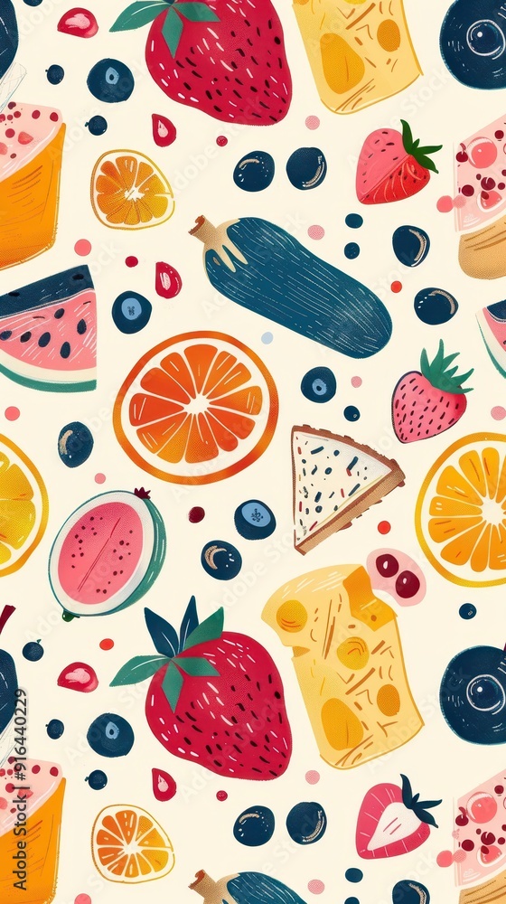 A vibrant assortment of fruits and food arranged in a lively pattern, perfect for enhancing creative projects A vibrant assortment of fruits and food arranged in a lively pattern, perfect for enhancing creative projects