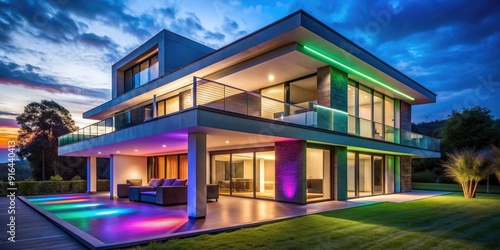 Modern villa with colored LED lights illuminating the exterior at night , modern, villa, house, colorful, exterior