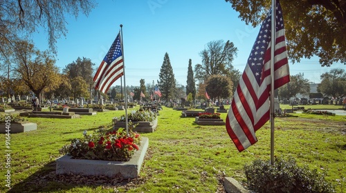 A solemn Veterans Day ceremony at a cemetery, with veterans and families gathered, American flags placed on graves, a military honor guard performing a salute, and a sense of respect and remembrance