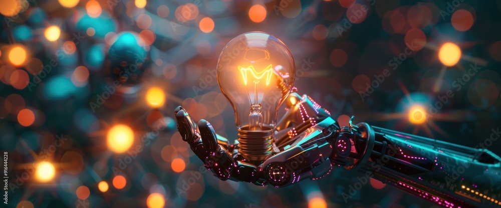 Robotic Hand Holding a Glowing Light Bulb Robotic Hand Holding a Glowing Light Bulb