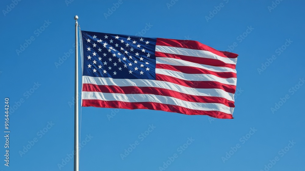 Fototapeta premium A close-up of an American flag waving in the wind against a clear blue sky, the stars and stripes clearly visible, symbolizing patriotism and freedom, evoking a sense of pride and national identity,