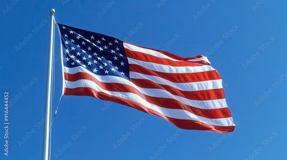 A close-up of an American flag waving in the wind against a clear blue sky, the stars and stripes clearly visible, symbolizing patriotism and freedom, evoking a sense of pride and national identity, A close-up of an American flag waving in the wind against a clear blue sky, the stars and stripes clearly visible, symbolizing patriotism and freedom, evoking a sense of pride and national identity,