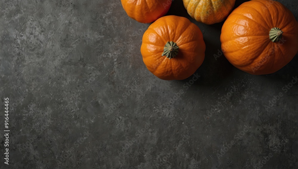 Decorative pumpkins on grey surface. Top view and empty space for your text Decorative pumpkins on grey surface. Top view and empty space for your text