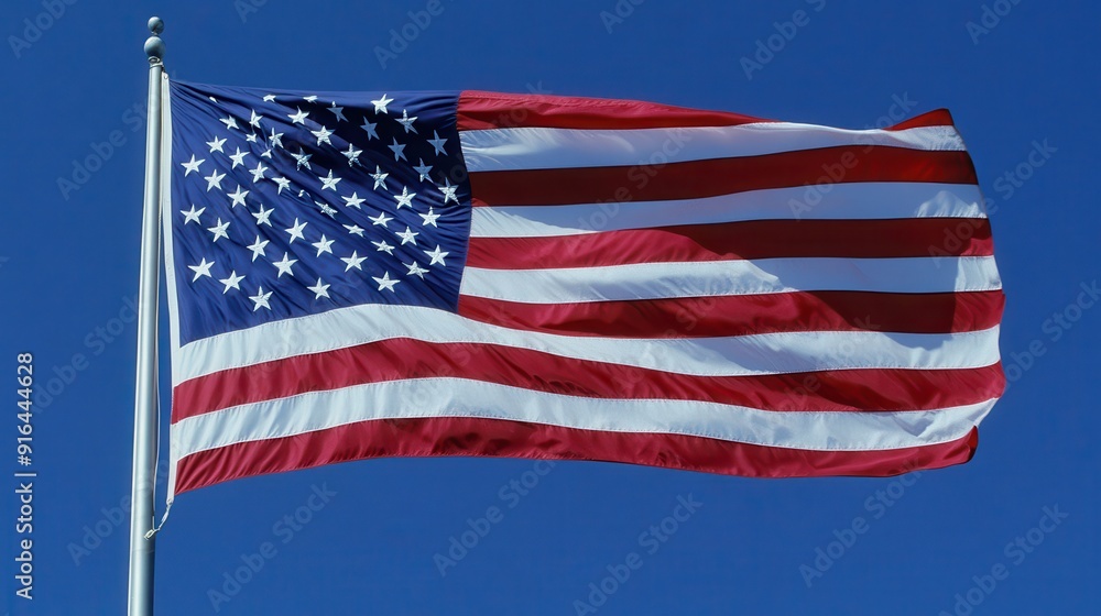A close-up of an American flag waving in the wind against a clear blue sky, the stars and stripes clearly visible, symbolizing patriotism and freedom, evoking a sense of pride and national identity, A close-up of an American flag waving in the wind against a clear blue sky, the stars and stripes clearly visible, symbolizing patriotism and freedom, evoking a sense of pride and national identity,