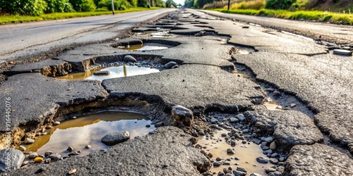 Close up of deteriorating potholes and broken tarmac on a road , potholes, road, broken, damaged, asphalt photo