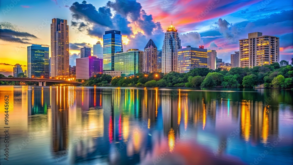 Obraz premium Austin skyline at dusk with colorful lights reflecting on the water, Austin, Texas, skyline, evening, dusk, lights