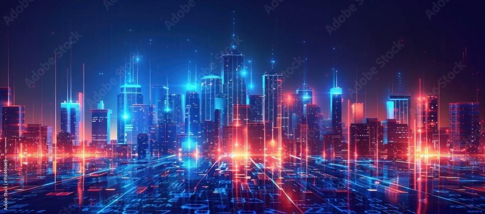Futuristic Cityscape with Neon Lights and Digital Data Futuristic Cityscape with Neon Lights and Digital Data