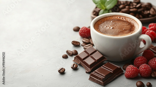 Cup of coffee with chocolate pieces, raspberries, and coffee beans on a light background photo