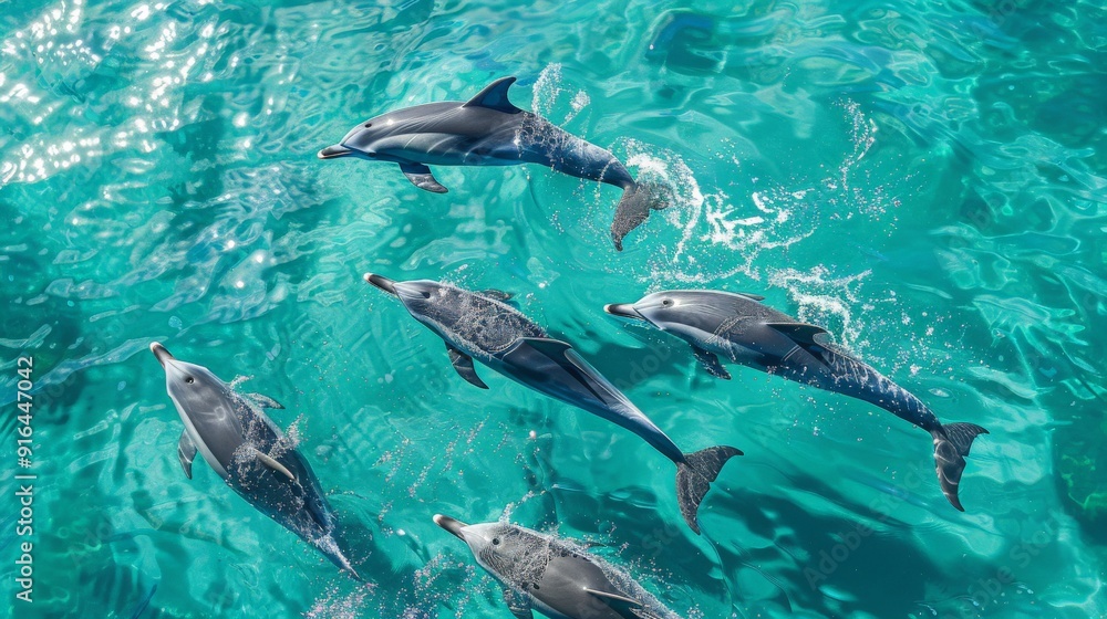 Obraz premium A group of dolphins swimming together in clear blue waters