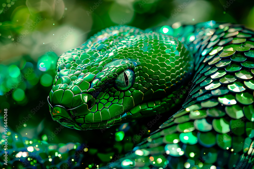 Fototapeta premium The symbol of the New Year is a green shiny snake made of sequins. New Year concept. New Year cards.