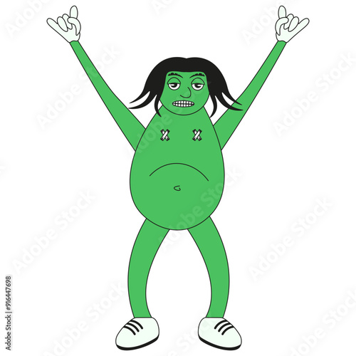 Hippie Zombie isolated transparent background. Green walking dead character. Flat Halloween vector illustration can used icon sticker. EPS 10