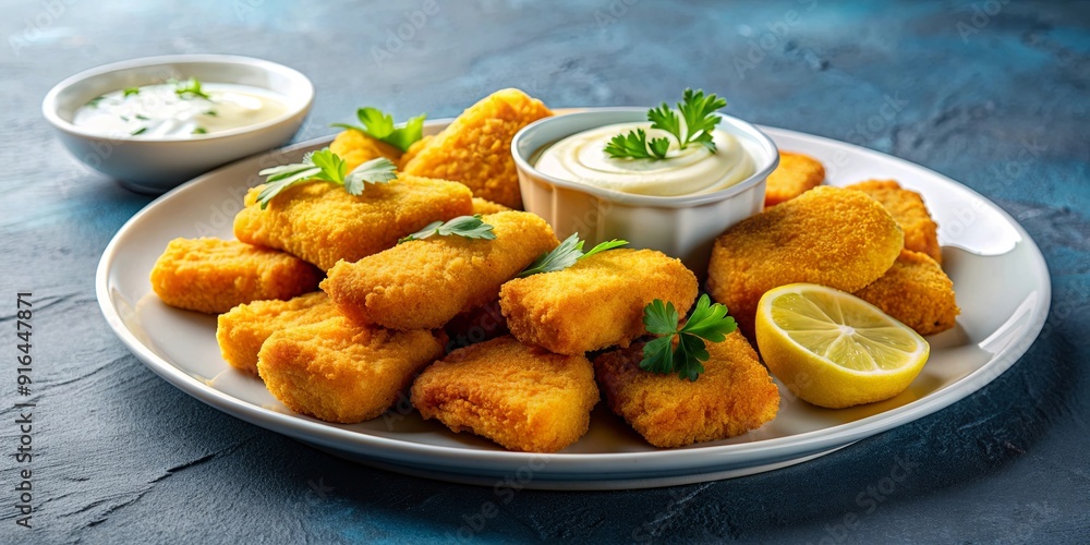 Plate of golden fried fish fillet nuggets with a side of tartar sauce , crispy, seafood, delicious, meal, appetizer, battered Plate of golden fried fish fillet nuggets with a side of tartar sauce , crispy, seafood, delicious, meal, appetizer, battered