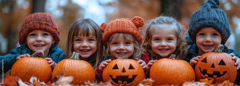 Group of Happy Children with Pumpkins Celebrating Halloween Outdoors Group of Happy Children with Pumpkins Celebrating Halloween Outdoors
