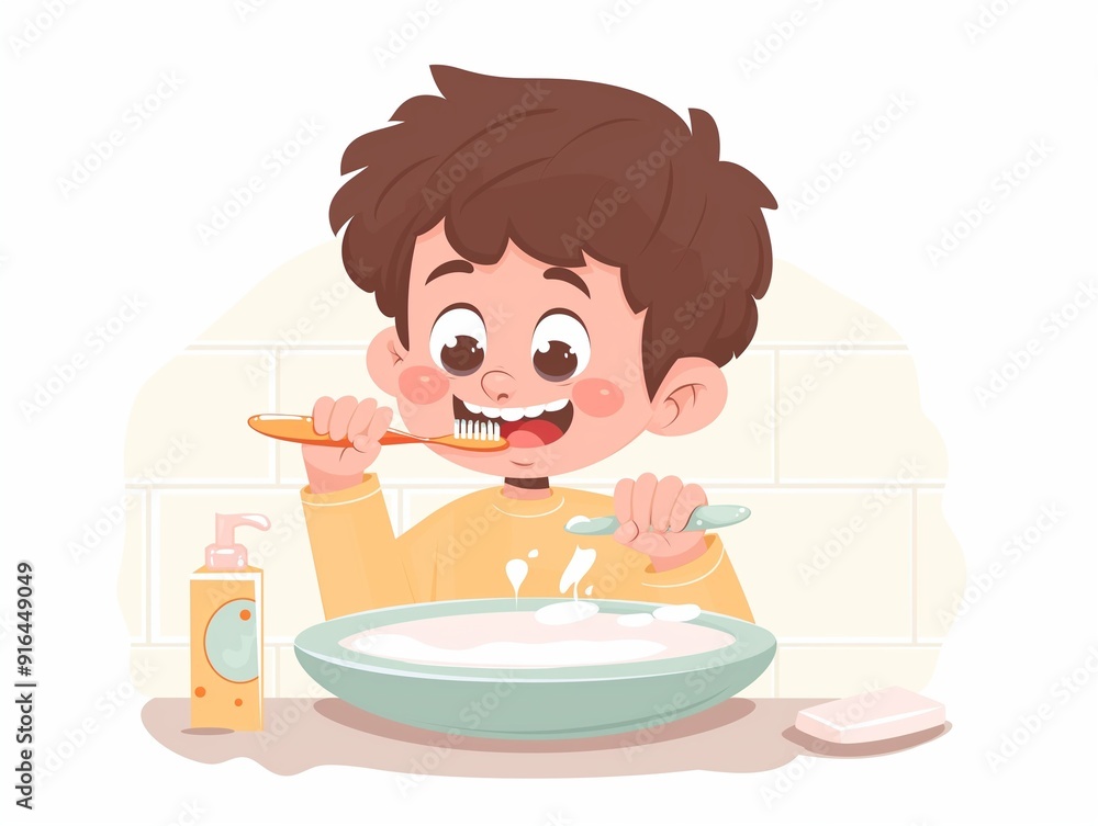 A child brushing his teeth. illustration. AI generated A child brushing his teeth. illustration. AI generated