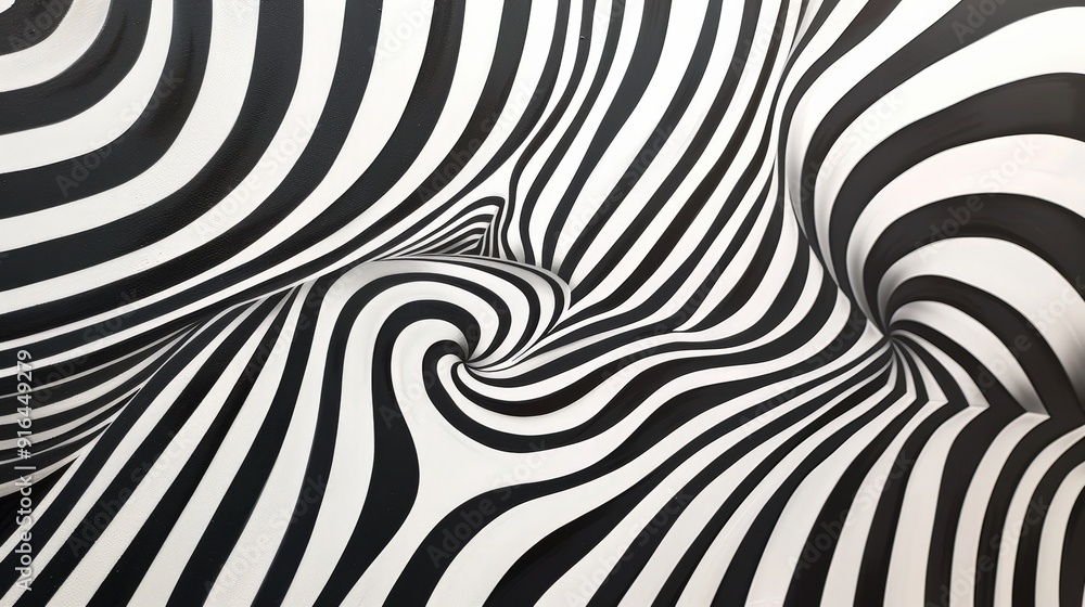 A striking optical illusion pattern with black and white lines that create a sense of depth and movement. The design is both captivating and mind-bending A striking optical illusion pattern with black and white lines that create a sense of depth and movement. The design is both captivating and mind-bending