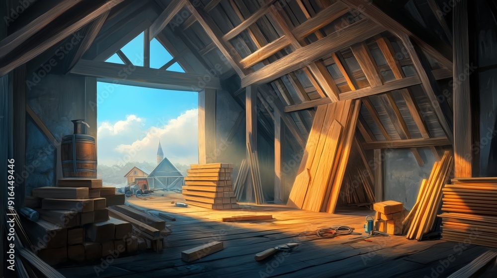 Obraz premium A construction site featuring a house in the middle of framing, with stacks of lumber and tools nearby.