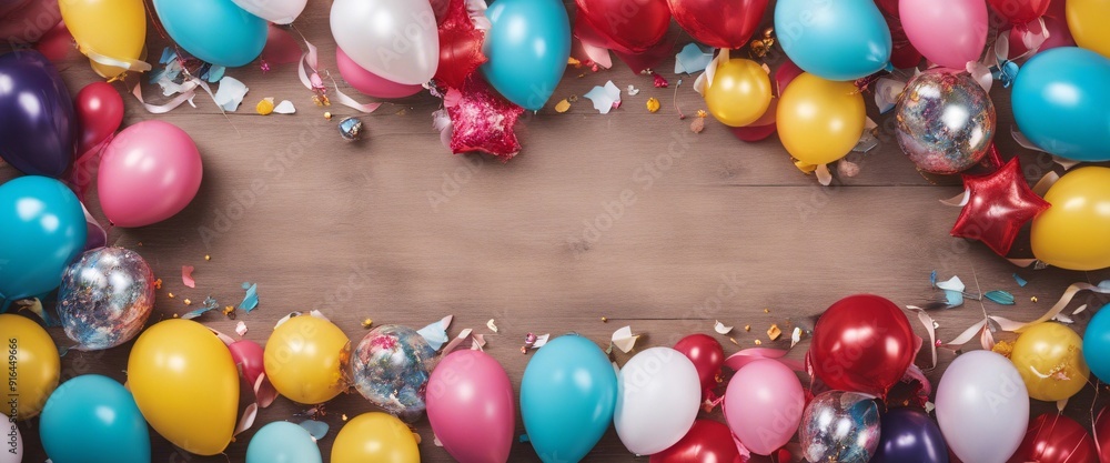 Obraz premium Decoration party. Balloons and different party decorations with free copy space top view