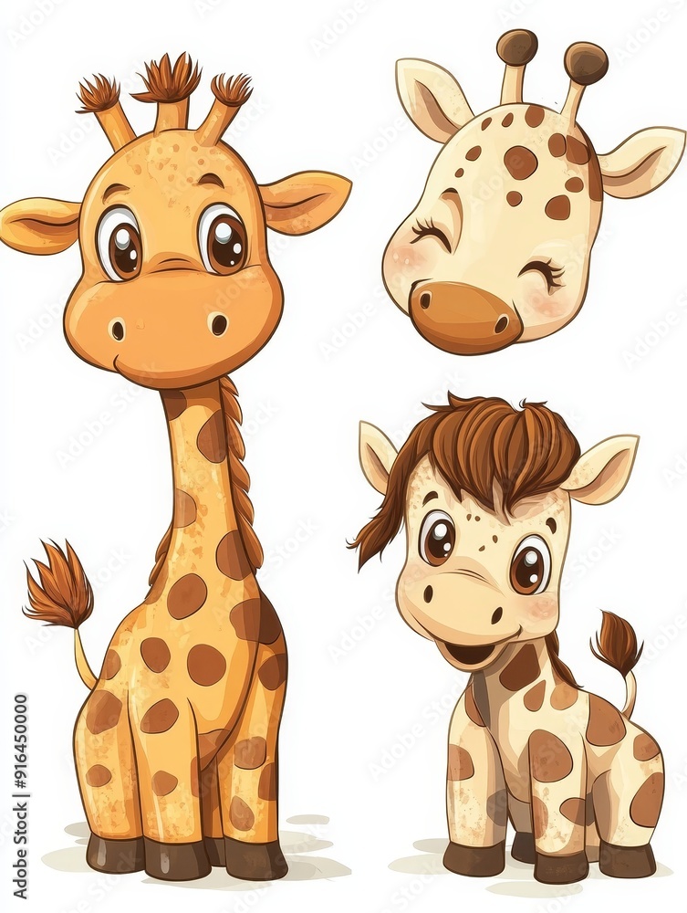 Fototapeta premium Three Cute Giraffes Cartoon Illustration