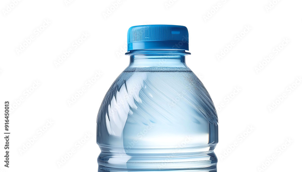 A clean, clear water bottle with a blue cap, ideal for promoting hydration and health in your projects. A clean, clear water bottle with a blue cap, ideal for promoting hydration and health in your projects.