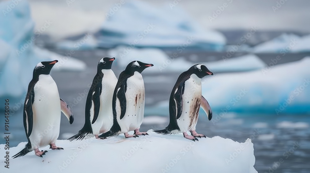 Fototapeta premium A group of penguins standing on an iceberg, with the ocean in the background