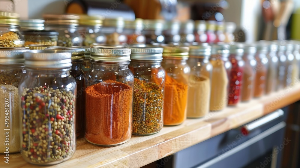 A vibrant and organized spice rack in the kitchen, featuring jars of spices labeled and arranged for easy access while cooking. A vibrant and organized spice rack in the kitchen, featuring jars of spices labeled and arranged for easy access while cooking.